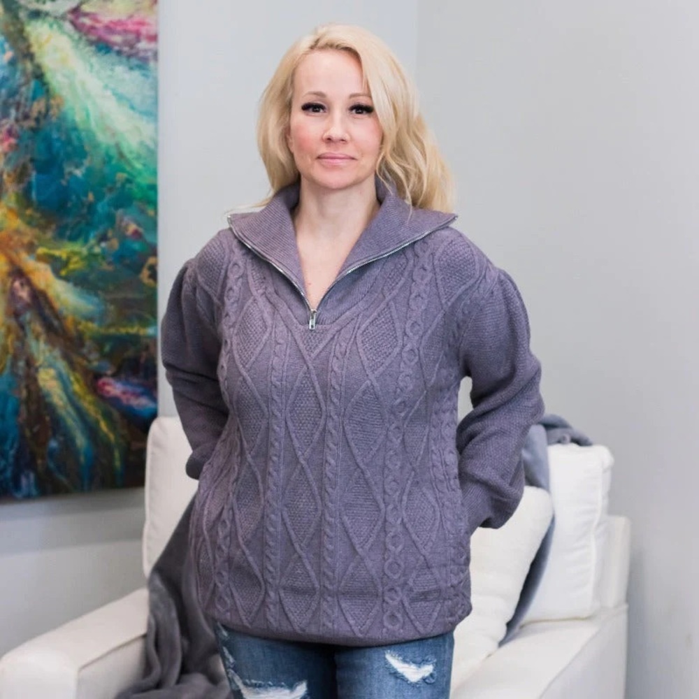 NWOT Grey Cable Knit Quarter Zip Pullover Sweater